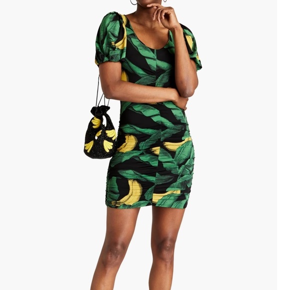 GANNI Ruched Floral Print Stretch Jersey Mini Dress Size 4 - Picture 1 of 15